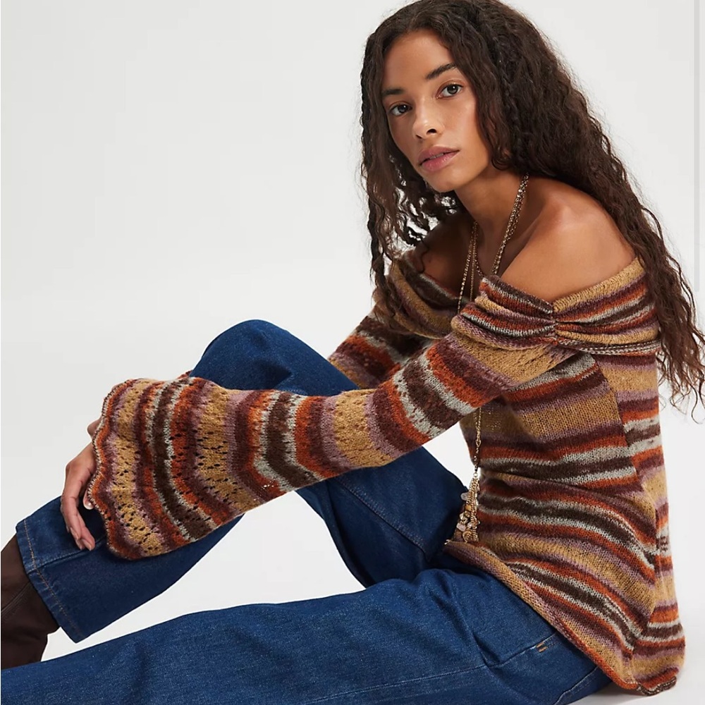 Free People Striped Off-the-Shoulder Bell-Sleeve Sweater in Rust, Brown & Cream